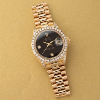 Rolex Lady-Datejust 26 69158, Yellow Gold, Black Onyx Diamond Dial, President Bracelet