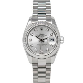 Rolex Lady Datejust 179179 Wristwatch, President Bracelet, Silver Diamond Dial, Fluted Bezel