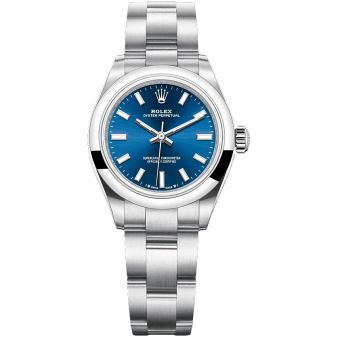 New Rolex Oyster Perpetual 28 276200 Wristwatch, Oyster Bracelet, Bright Blue Dial, Smooth Bezel