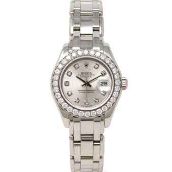Rolex Pearlmaster 29 80299 Wrist Watch Silver Diamond Face Diamond Bezel 