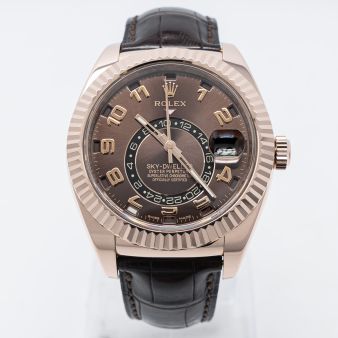 Rolex Sky-Dweller 326135 Wristwatch, Leather Bracelet, Chocolate Arabic Dial, Fluted Bezel