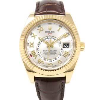 Rolex Men's Sky-Dweller 326138 Wristwatch, Leather Bracelet, Silver Roman Dial, Fluted Bezel