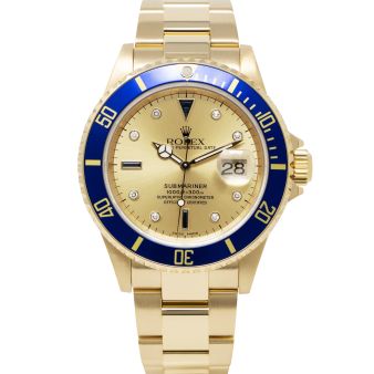 Rolex Submariner Date 16618 Wristwatch, Oyster Bracelet, Champagne Serti Dial, Blue Rotatable Bezel
