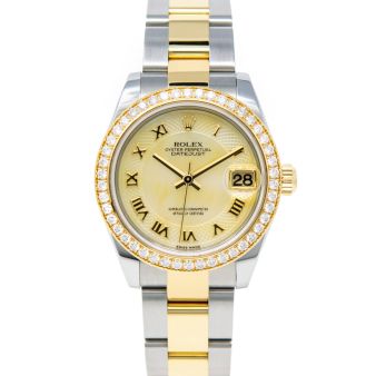 Rolex Women's Datejust 31 178383 Wristwatch, Oyster Bracelet, Decorated Yellow Mother of Pearl Roman Dial, Diamond Bezel