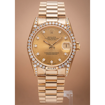 Rolex Datejust 31 68158, President Bracelet, Champagne Diamond Dial, Yellow Gold, Watch and Box, Renewed