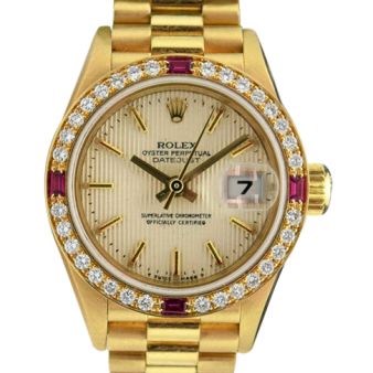 Rolex Lady Datejust President Yellow Gold Silver Tapestry Dial Ruby Diamond Bezel 69178 Watch Chest