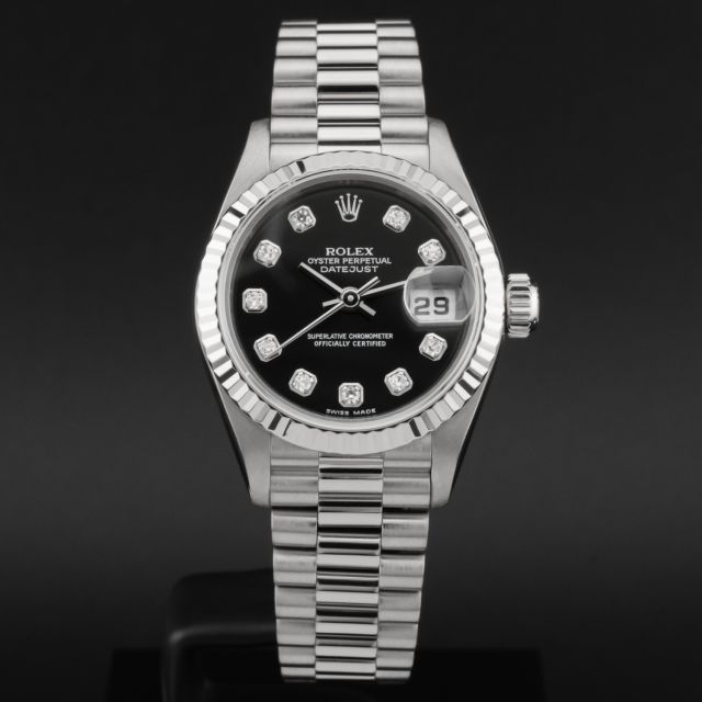 Rolex Lady-Datejust 26, 79179, White Gold, Black Diamond Dial, President Bracelet, Renewed