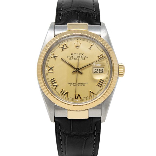 Rolex Datejust 36 16013 Wristwatch, Black Leather Strap, Champagne Roman Dial, Fluted Bezel