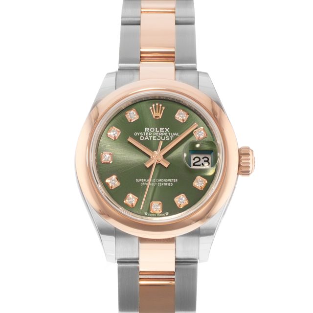 2024 Rolex Lady-Datejust 28, 279161, Steel & Rose Gold, Olive Green Diamond, Oyster Bracelet, Box & Papers