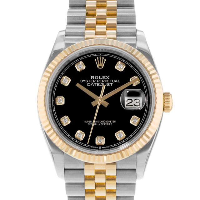 2021 Rolex Datejust 36, 126233, Steel & Gold, Bright Black Diamond Dial, Jubilee Bracelet, Box & Papers