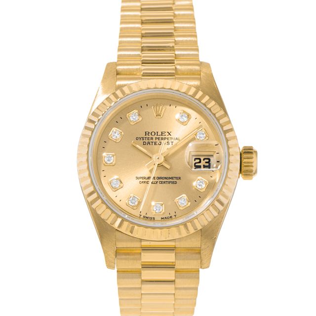 1991 Rolex Lady-Datejust 26 69178, Yellow Gold, President Bracelet, Champagne Diamond, Box & Papers