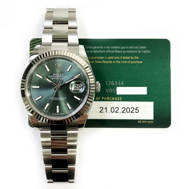 2025 Rolex Datejust 41, 126334, Steel & White Gold, Mint Green Dial, Oyster Bracelet, Box & Papers