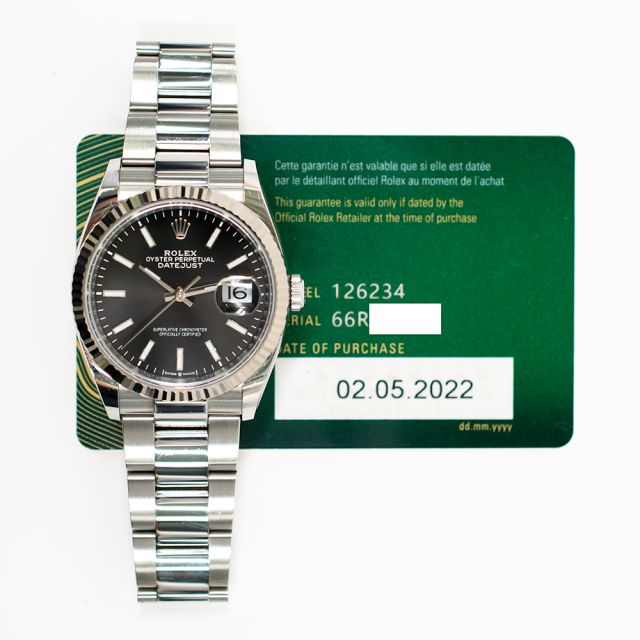 2022 Rolex Datejust 36, 126234, White Gold & Steel, Bright Black Index, Oyster Bracelet, Box & Papers