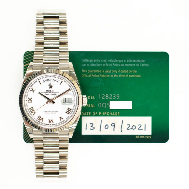 2021 Rolex Day-Date 36, 128239, White Gold, White Roman Dial,  President Bracelet, Box & Papers