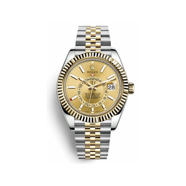 New Rolex Sky-Dweller 326933 Wristwatch, Jubilee Bracelet, Champagne Index Dial, Fluted Bezel