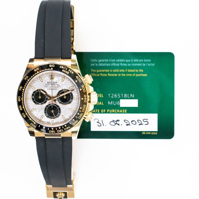 2025 Rolex Cosmograph Daytona, 126518LN, 40mm, Yellow Gold, Meteorite Dial, Oysterflex, Box & Papers