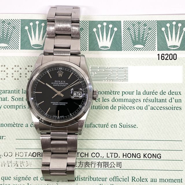 2002 Rolex Datejust 36 16200, Steel, Black Dial, Box & Papers