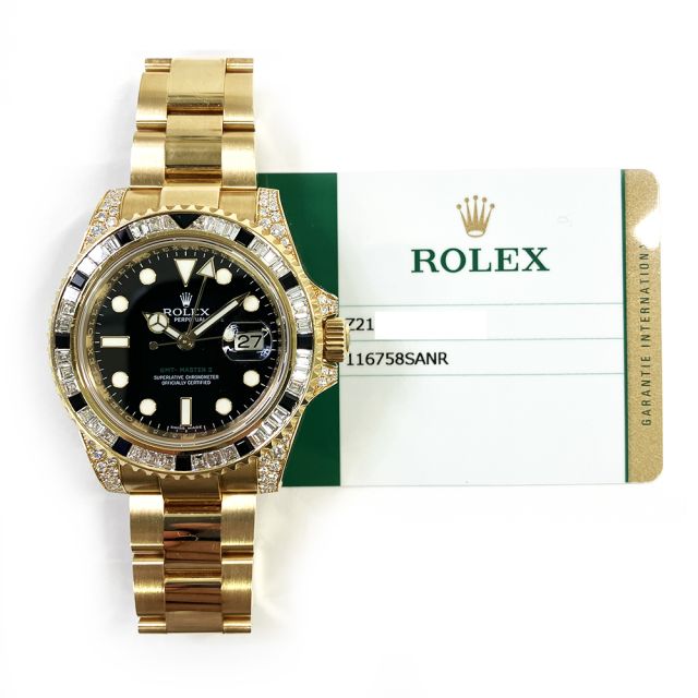 2016 Rolex GMT-Master II 116758SANR, 40mm, Yellow Gold, Sapphire & Diamond Bezel, Black Dial, Box & Papers