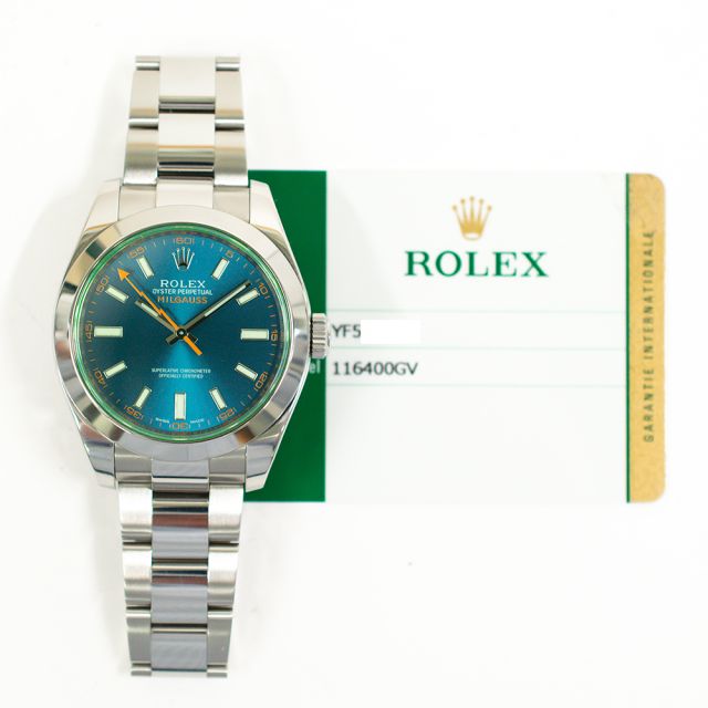 2015 Rolex Milgauss, 116400GV, 40mm, Steel, Z-blue Dial, Green Crystal, Oyster Bracelet, Box & Papers