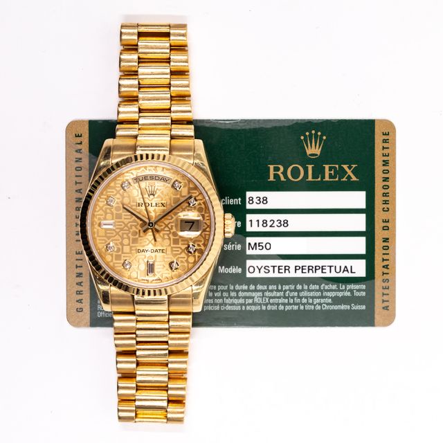 2008 Rolex Day-Date 36, 118238, Yellow Gold, Champagne Jubilee Diamond, President Bracelet, Box & Papers
