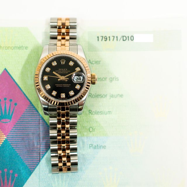 2005 Rolex Lady-Datejust 26, 179171, Steel & Gold, Black Diamond Dial, Jubilee Bracelet, Box & Papers