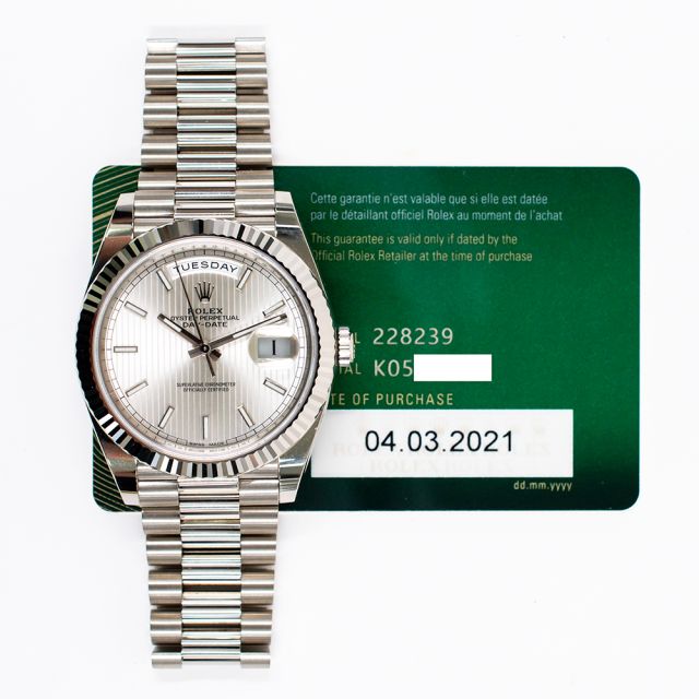 2021 Rolex Day-Date 40, 228239, White Gold, Silver Stripe Index, President Bracelet, Box & Papers