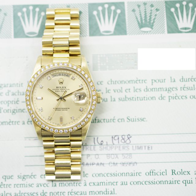 1988 Rolex Day-Date 36, 18048, Yellow Gold, Champagne Diamond Dial, President Bracelet, Box & Papers
