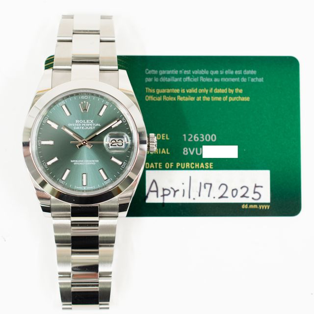 2025 Rolex Datejust 41, 126300, Steel, Mint Green Index, Oyster Bracelet, Box & Papers