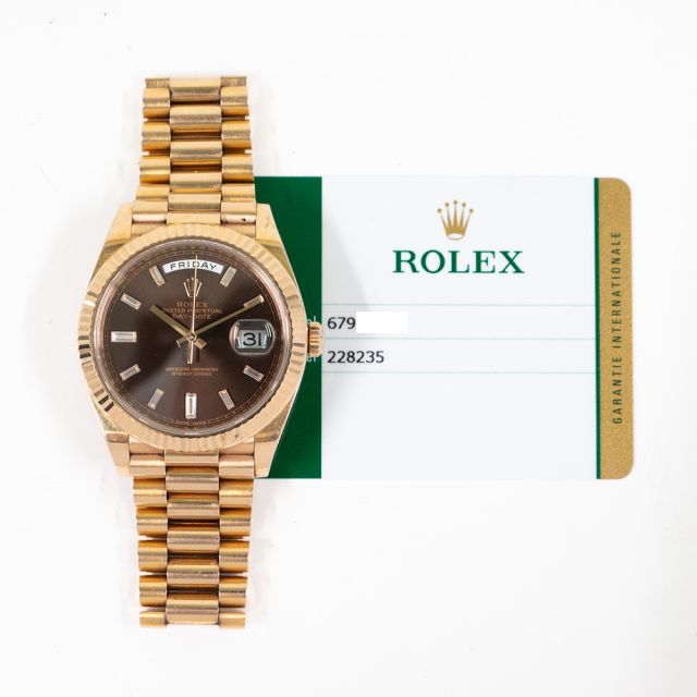 2017 Rolex Day-Date 40 228235, President Bracelet, Rose Gold, Chocolate Diamond, Box & Papers