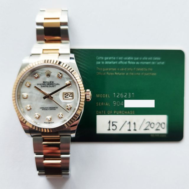 2020 Rolex Datejust 36, 126231, Steel & Gold, Mother of Pearl Diamond, Oyster Bracelet, Box & Papers