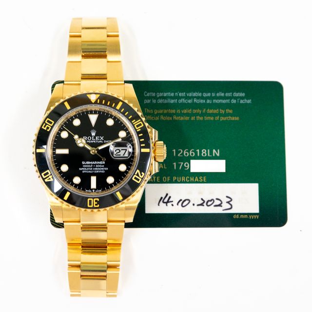 2023 Rolex Submariner Date, 126618LN, 41mm, Yellow Gold, Black Dial, Box & Papers