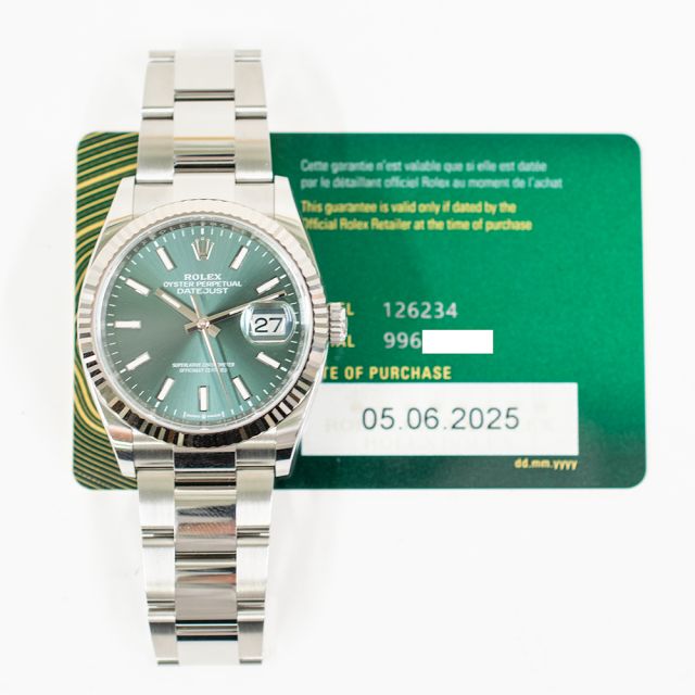 2025 Rolex Datejust 36 126234, White Gold & Steel, Mint Green Index, Oyster Bracelet, Box & Papers