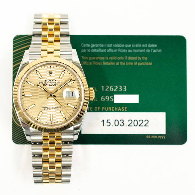 2022 Rolex Datejust 36, 126233, Steel & Yellow Gold, Golden Fluted Motif, Jubilee Bracelet, Box & Papers