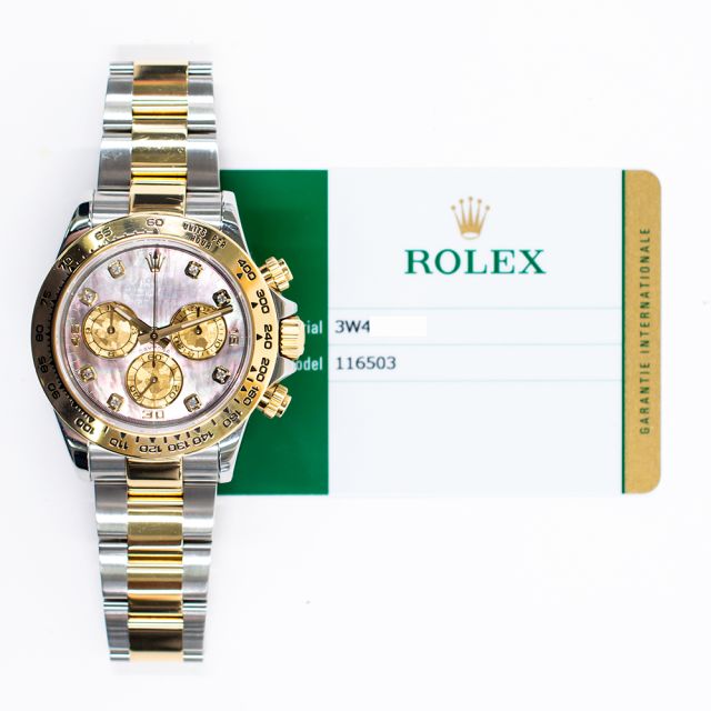 2018 Rolex Cosmograph Daytona, 116503, 40mm, Steel & Gold, Black Mother Of Pearl Diamond, Box & Papers
