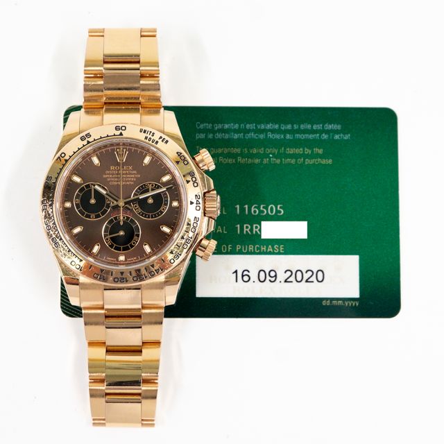 2020 Rolex Cosmograph Daytona, 116505, Rose Gold, Chocolate & Black Dial, Oyster Bracelet, Box & Papers