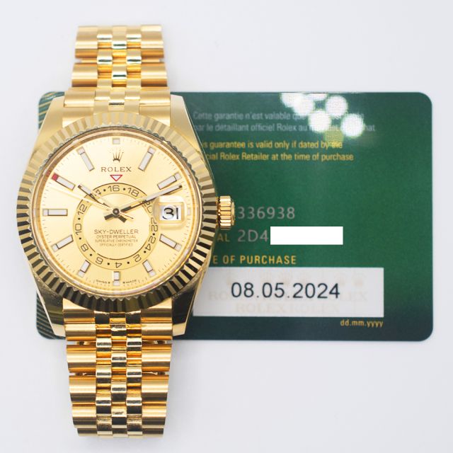2024 Rolex Sky-Dweller, 336938, 42mm, Yellow Gold, Champagne Dial, Jubilee Bracelet, Box & Papers