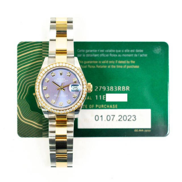 2023 Rolex Lady-Datejust 28, 279383RBR, Steel & Yellow Gold, Lavender Stripe Motif Diamond, Oyster Bracelet, Box & Papers