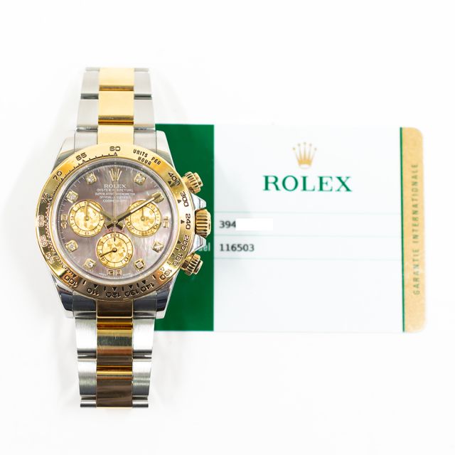 2017 Rolex Cosmograph Daytona, 116503, 40mm, Steel & Gold, Black Mother Of Pearl Diamond, Box & Papers