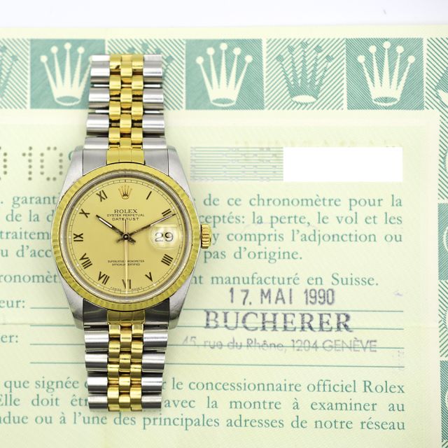 1990 Rolex Datejust 36, 16233, Steel & Gold, Champagne Roman Dial, Jubilee Bracelet, Box & Papers