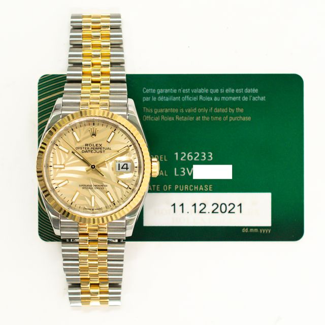 2021 Rolex Datejust 36, 126233, Steel & Gold, Golden Palm Motif Diamond Dial, Jubilee Bracelet, Box & Papers