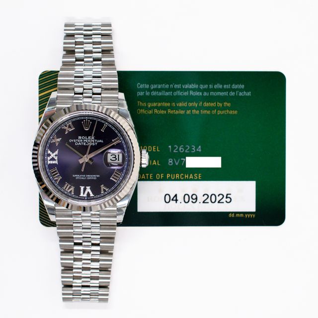 2025 Rolex Datejust 36, 126234, White Gold & Steel, Aubergine Roman VI/IX Diamond, Jubilee Bracelet, Box & Papers