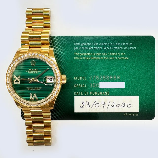 2020 Rolex Datejust 31, 278288RBR, Yellow Gold, Malachite Roman Dial, President Bracelet, Box & Papers