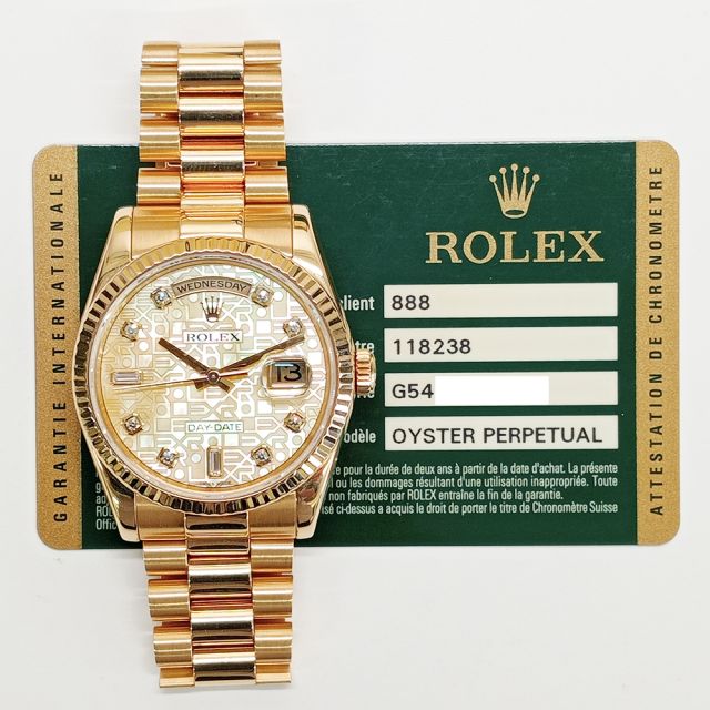 2013 Rolex Day-Date 36, 118238, Yellow Gold, Champagne Jubilee Diamond, President Bracelet, Box & Papers 