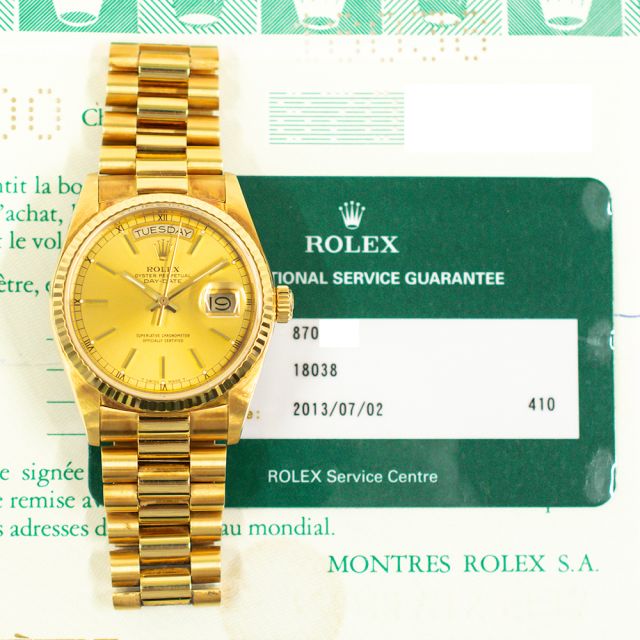 1985 Rolex Day-Date 36, 18038, Yellow Gold, Champagne Dial, President Bracelet, Papers Only