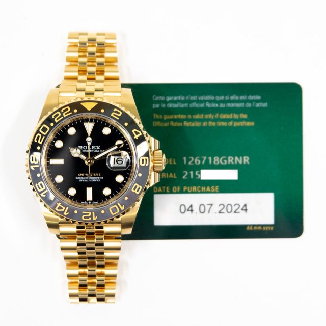 2024 Rolex GMT-Master II, 126718GRNR, 40mm, Yellow Gold, Black & Gray Bezel, Jubilee Bracelet, Box & Papers