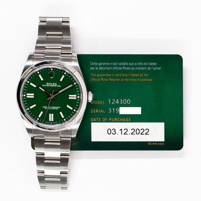 2022 Rolex Oyster Perpetual 41, 124300, Steel, Green Dial, Oyster Bracelet, Box & Papers