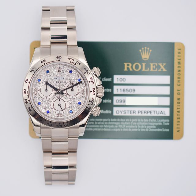 2013 Rolex Cosmograph Daytona, 116509, White Gold, Pave Diamond & Sapphire Dial, Oyster Bracelet, Box & Papers