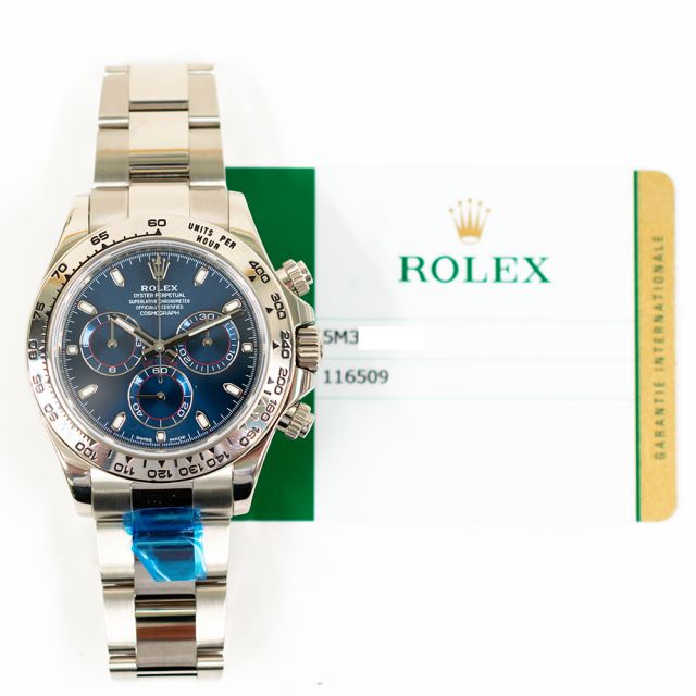 2017 Rolex Cosmograph Daytona, 116509, 40mm, White Gold, Blue Dial, Oyster Bracelet, Box & Papers