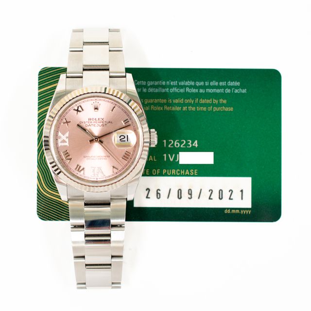 Rolex Datejust 36, 126234, White Gold & Steel, Pink Roman VI/IX Diamond, Oyster Bracelet, Box & Papers
