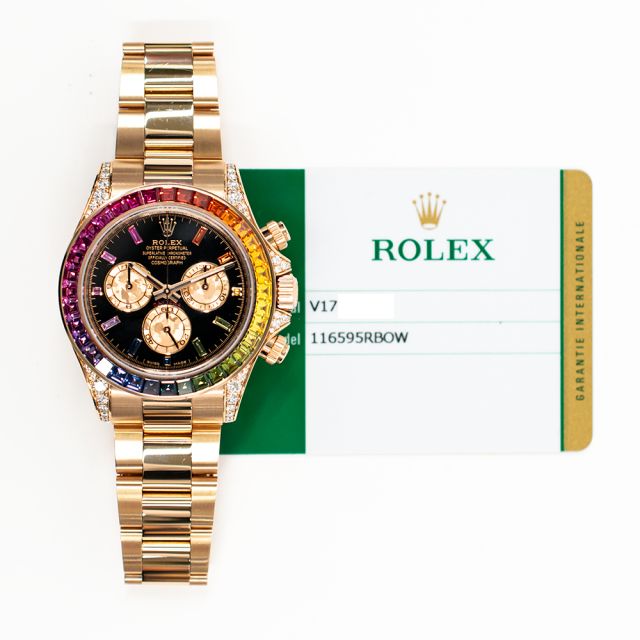 2019 Rolex Cosmograph Daytona, 116595RBOW, 40mm, Rose Gold, Black Rainbow Sapphire Baguette Dial, Box & Papers